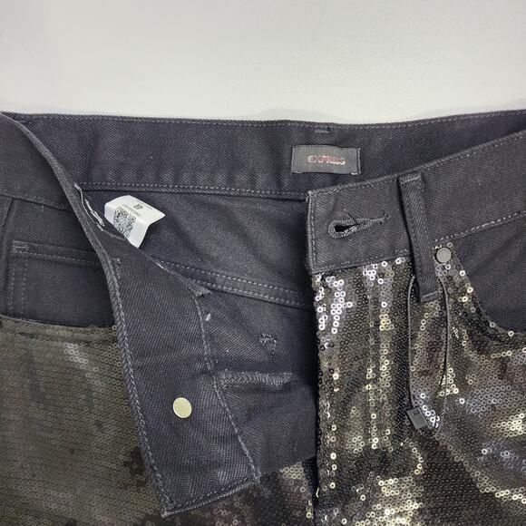 Express Womens High Waisted Sequin Front Ripped Raw Hem Straight Ankle Jeans 4R - Picture 7 of 13